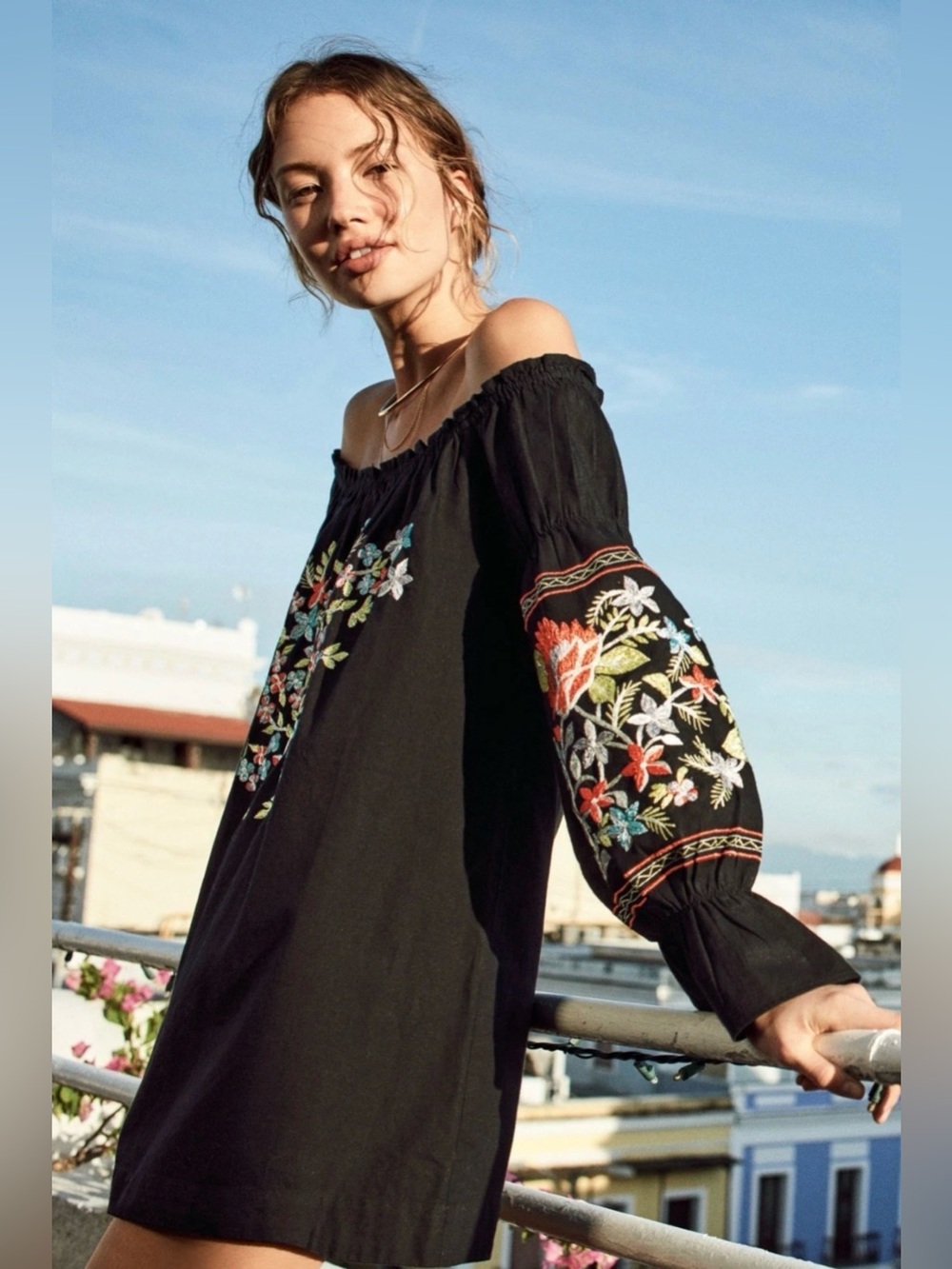 NWOT Free People Fleur Du Jour Off Shoulder Embroidered Mini Dress Black Medium